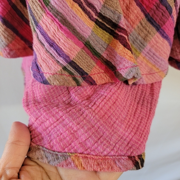 Beach Lunch Lounge Women's Red Orange Plaid Peasant Top Sz L Off Shoulder Gauze - Picture 6 of 12